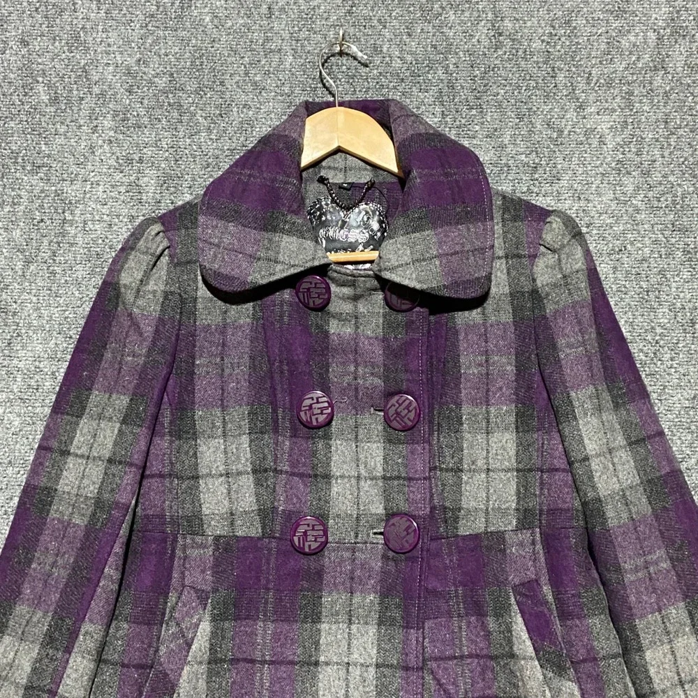 Guess Womens Y2K Purple Plaid Wool Blend Double Breasted Peacoat Jacket Size M